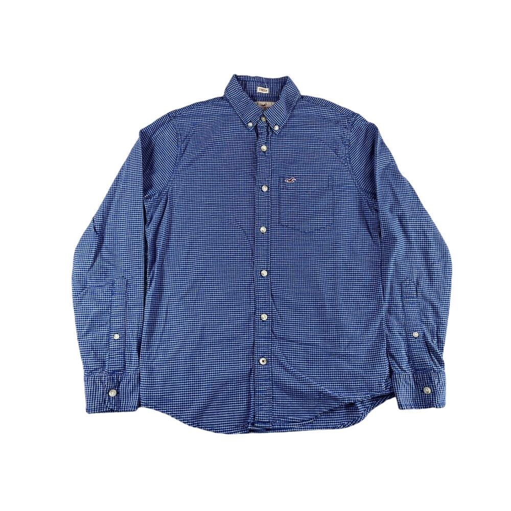 Hollister Shirt Mens Small Blue Plaid Button Down Long Sleeve Stretch Preppy